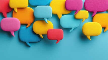 Aufkleber - A bunch of colorful speech bubbles are scattered across a blue background. The speech bubbles are made of a fuzzy material and are of various sizes and colors. Scene is playful and whimsical
