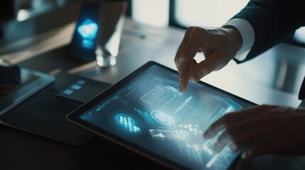 Poster - Close-up of a businessman using a digital tablet with financial analysis, showcasing modern technology and data visualization
