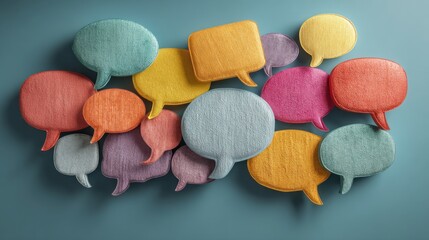 Aufkleber - A wall of colorful speech bubbles with a blue background. The speech bubbles are of different sizes and colors, and they are arranged in a way that creates a sense of conversation or dialogue
