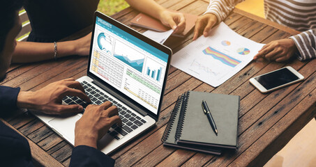Poster - Spreadsheet document information financial startup concept. data and graphs in spreadsheet documents for online analysis project dashboard accounting digital snugly