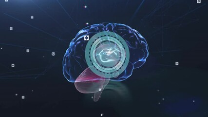 Poster - Powering medical data brain rotating on grid while HUD rings highlighting cerebrum lower regions