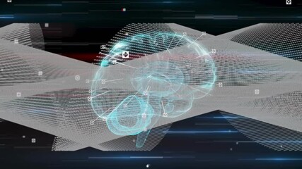 Poster - On boot wireframe brain rotating in technology demo with pulsing data icons mapping neural links