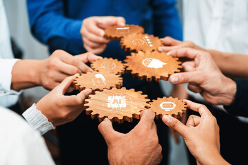 Poster - Collaboration in Innovation: Team Members Joining Forces with Interconnected Cogs Representing Ideas and Technology for Progress and Growth. Amity