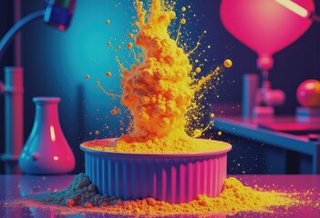 Poster - Sulfur shelf mushroom powder mixing with bright yellow enhancement in a vibrant display