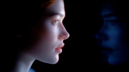 Poster - A captivating portrait of a woman in profile against a dark backdrop. The soft lighting enhances her features and highlights a subtle reflection. A blend of realism and art. AI