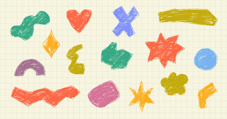 Leinwandbilder - Abstract organic shape for kids design with crayon or chalk pencil texture on checkered paper background. Funky stickers with brush texture