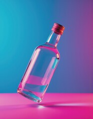 Poster - Empty glass bottle levitating against a vibrant neutral background