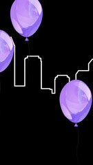 Poster - Digital animation of multiple purple balloons floating over city structure against black background