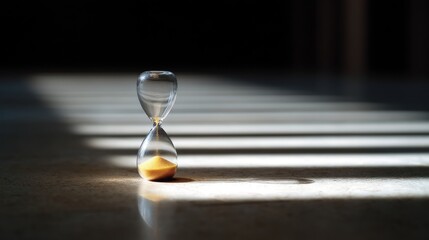 Aufkleber - A beautiful hourglass on a wooden surface. Soft shadows create a calm mood. The glass design reflects light. A symbol of passing time and contemplation. Perfect for artistic photography. AI