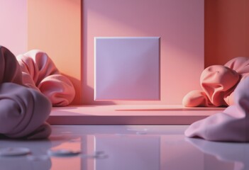 Poster - Plain ceramic tile floating on a soft neutral background with fabric accents