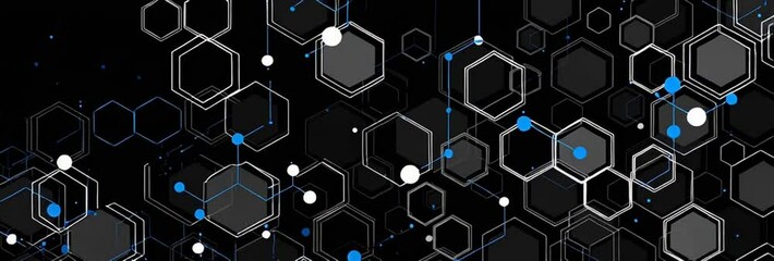 Poster - Black background with white and blue hexagons, a technology concept banner Generative AI