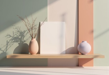 Aufkleber - Plain ceramic vase floating above a minimalist shelf with soft colors