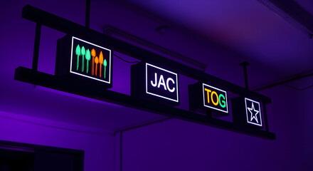 Poster - Abstract Neon Signs Illuminate a Modern Interior with Artistic Flair and Bold Designs