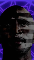 Poster - Animation of african american man with american flag on face over shapes