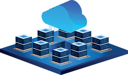 Poster - Cloud network concept. Digital online information transfer, exchange, global connection, database. Futuristic glowing cloud with circuit board superface and deep.