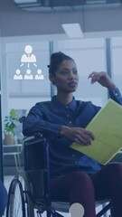Poster - Animation of social media icons over diverse businesspeople working in office