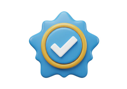 Rendered image of a blue verification badge with a yellow ring and a white check mark inside it on transparent background