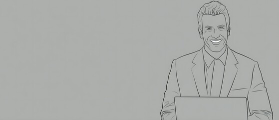 Fototapete - Man working on a laptop, a grayscale illustration.