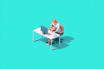 Fototapete - Two figures work at a computer.