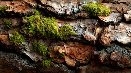 Close up of textured tree bark with patches of vibrant green moss