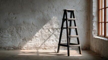 Poster - A wooden ladder is positioned in a bright room with textured white walls. Sunlight streams through a large window, casting shadows on the floor in the early afternoon.