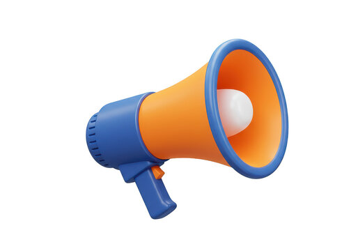Isolated rendering of a blue and orange megaphone with a white sphere inside on a plain setting on transparent background