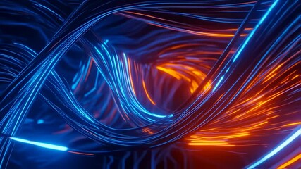 Poster - view of glowing electric lines moving dynamically across a dark circuit board, blue and neon orange colors