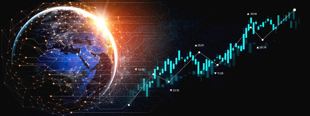 Poster - Stock market analysis with candlestick chart and price movement trend line, highlighting global financial trends, stock trading, and investment strategy insights Vouch
