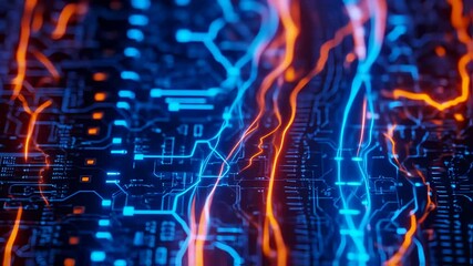 Poster - view of glowing electric lines moving dynamically across a dark circuit board, blue and neon orange colors