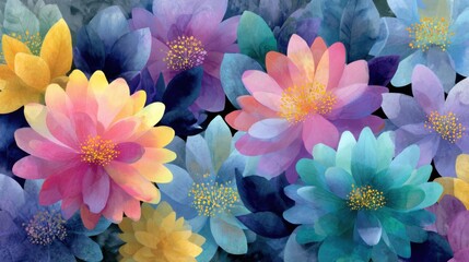 Poster - Vibrant water lilies in various hues of pink, yellow, and blue fill the composition, creating a striking contrast against a dark backdrop.