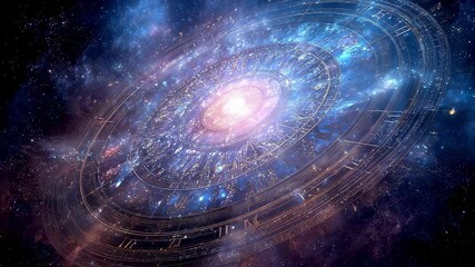 Wall Mural - astrological clock with roman numerals is shining in the universe, surrounded by stars and galaxies,