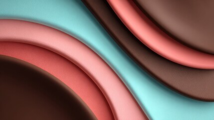 Poster - Curved layers of textured paper in shades of teal, coral, and brown form an elegant abstract design. The smooth finishes create a visually appealing interplay of colors and shapes.