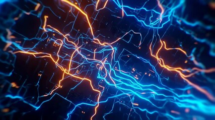 Poster - view of glowing electric lines moving dynamically across a dark circuit board, blue and neon orange colors
