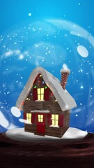 Poster - Animation of snowflakes and snow ball with house on blue background
