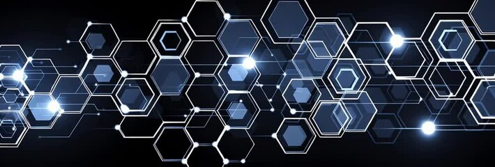 Poster - white and blue hexagons on the left side, connected by lines representing a technology on a black color background. Black color background, white color, and blue color theme Generative AI