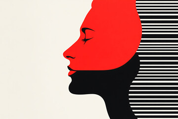 Poster - Stylized portrait of a woman's face in profile, featuring bold color blocking and graphic elements, creating a modern and minimalist aesthetic.