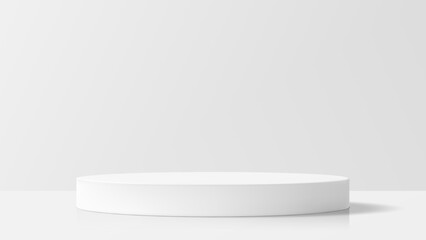 Poster - Empty white round podium product display. Pedestal stage for presentation on bright background. Minimalist stand for showcase.