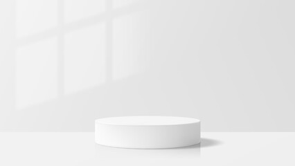 Poster - White cylinder podium display with window shadow. Minimal cosmetic product stage. Simple abstract scene for branding promotion.