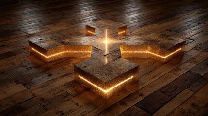 Poster - Glowing geometric shapes arranged on a rustic wooden floor showcase a captivating light display in a contemporary indoor space, blending art and design seamlessly.
