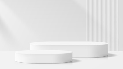 Poster - Clean product display podiums. Minimalist platform for product presentation. White geometric pedestals for branding or marketing use.