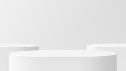 Poster - Three empty cylinder white podiums on a blank abstract background product presentation backdrop. Minimalist indoor studio stage for display.