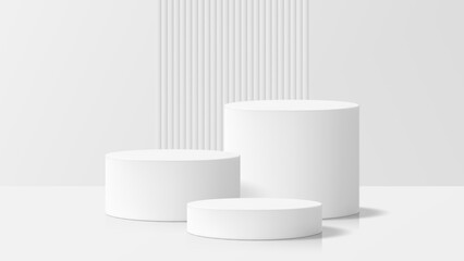Poster - White product podium mockup with three cylinder pedestals. Modern empty stage for cosmetic display or architectural presentation.