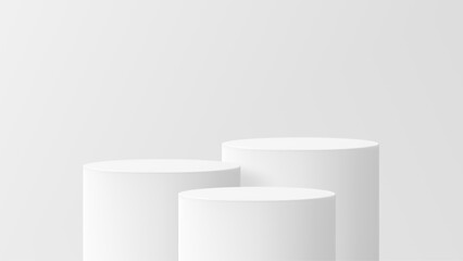 Leinwandbilder - Three white cylindrical podiums for product display, a modern clean mockup for presentation and advertising.