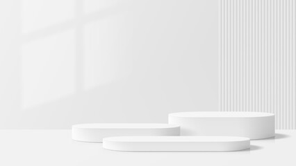 Poster - White product podium mockup with three shapes on a table, including oval and cylinder. Retail display for exhibition.