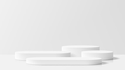 Leinwandbilder - White geometric cylinder and oval podium display on a minimal background. Product pedestal for studio mock up.