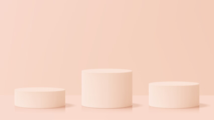 Poster - Set of three pink cylindrical product podiums. Empty display stand for product presentation advertisement and brand show.