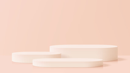 Poster - Product podium mockup vector in pastel blush pink color with three different shape stands for beauty product presentation.