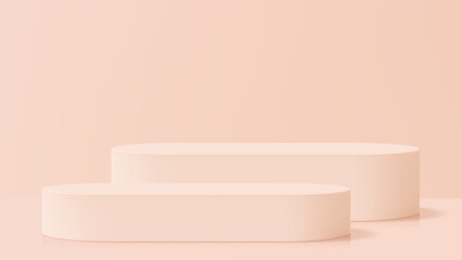 Poster - Two empty oval product display podiums with a pastel beige background. Minimalist geometric pedestal scene for cosmetic product showcase.