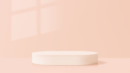 Poster - Empty cylinder stage presentation in soft peach room with window shadow display. Pink pedestal stand for product showcase or beauty brand.