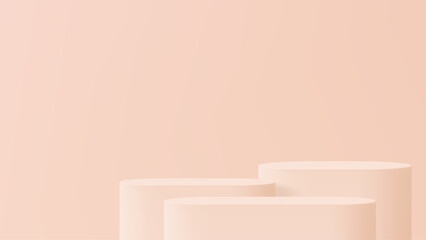 Poster - Beige three-step podium on a light background. Minimalist geometric stage for product display. Studio showroom for cosmetic advertisement.